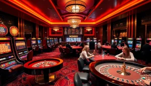 Experience the thrill of NOHU with poker action and vibrant casino lights in an upscale setting.