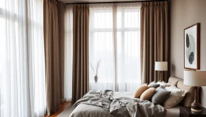 Geniet van stijlvolle verduisterende gordijnen in een gezellige slaapkamer met natuurlijke lichtinval.