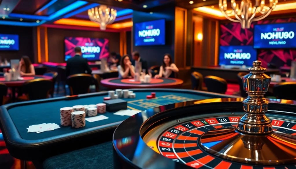 Engage with NOHU90's thrilling casino atmosphere filled with poker chips and roulette.