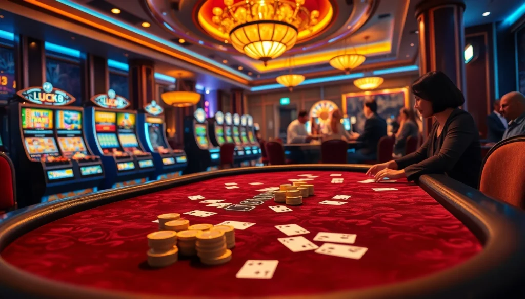 Người chơi tham gia tại bàn casino LUCK8, thể hiện bầu không khí sôi động với chip bài poker và máy đánh bạc.