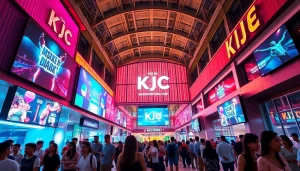 Vibrant entertainment hub scene representing https://kjc365.com/ with joyful people and modern architecture.