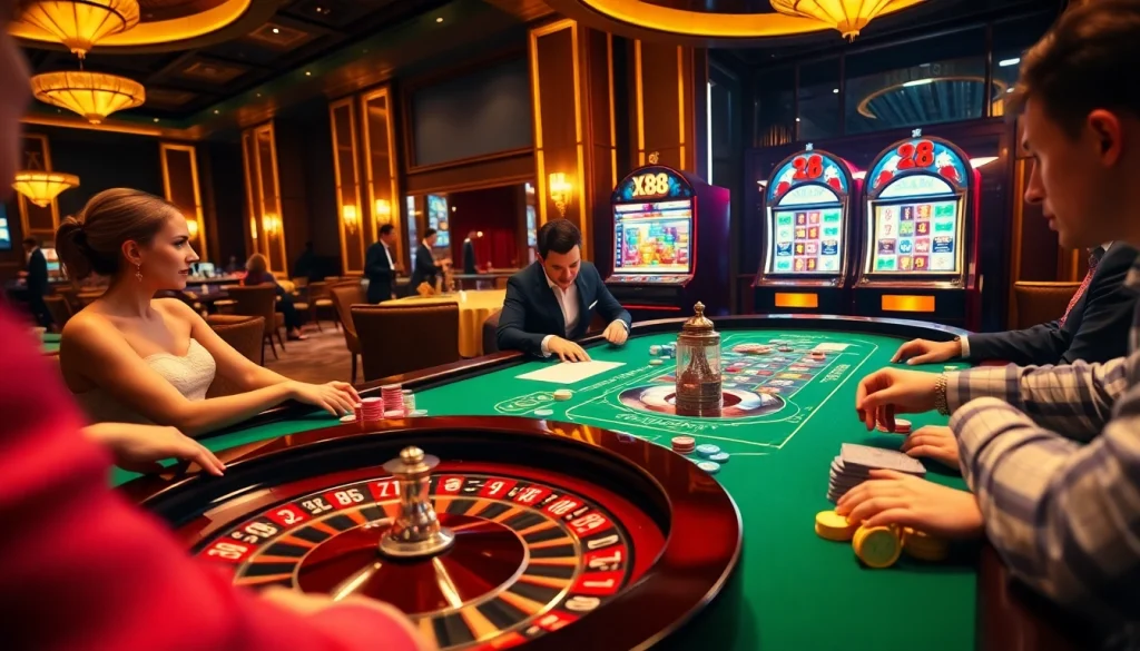 Players enjoying high-stakes gambling at a luxurious casino with X88-themed chips and roulette.