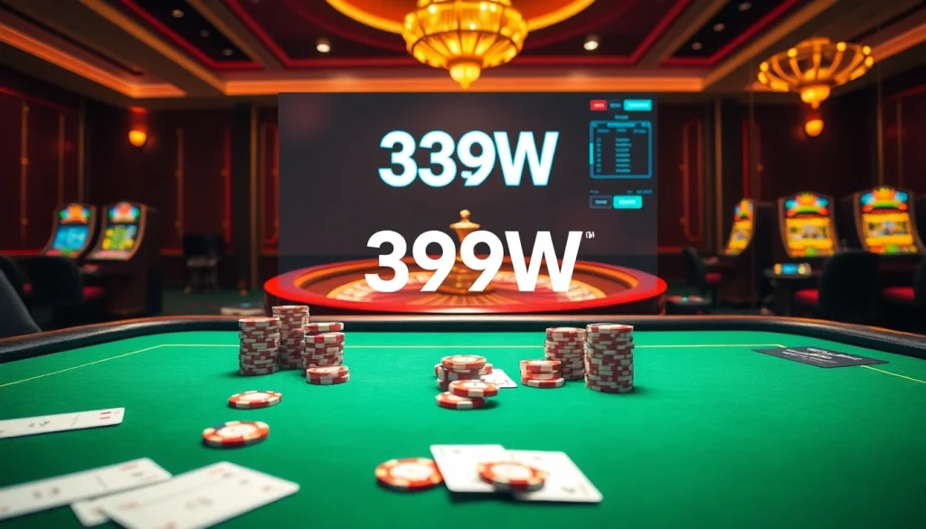Engaging gambling scene featuring 399W logo with poker chips and roulette wheel.