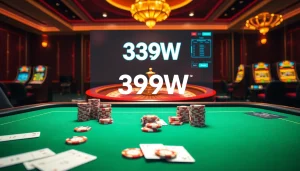 Engaging gambling scene featuring 399W logo with poker chips and roulette wheel.