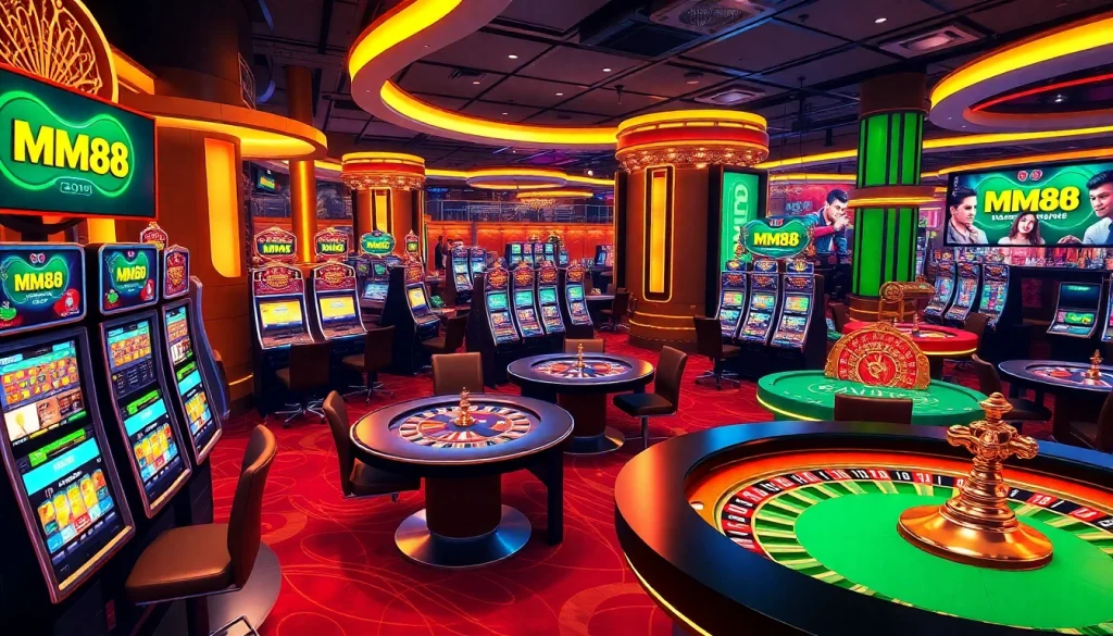 Players engaging joyfully at the MM88 online casino with vibrant slot machines and roulette wheels.