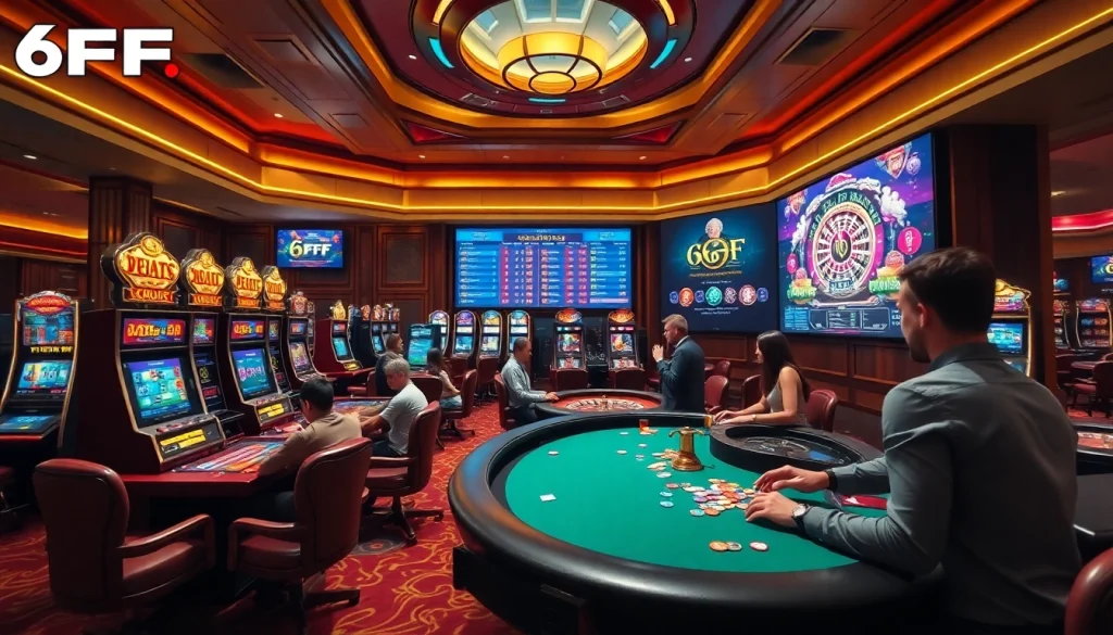Players enjoying the thrilling experience at 6FF casino tables filled with vibrant chips and cards.