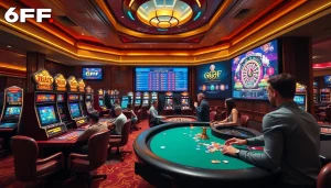 Players enjoying the thrilling experience at 6FF casino tables filled with vibrant chips and cards.