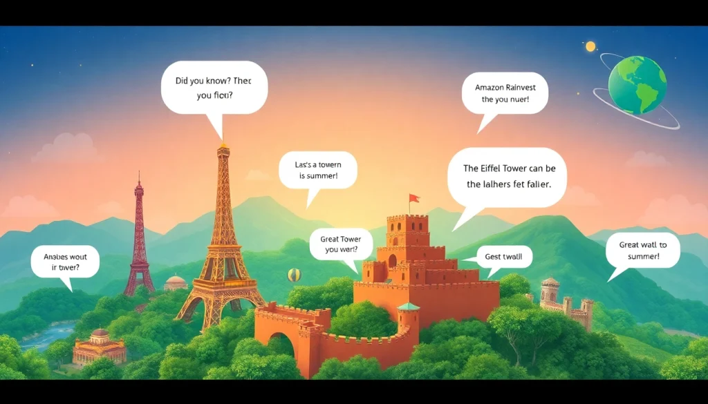 Gráfico colorido apresentando curiosidades sobre o mundo, com marcos globais e fatos interessantes, despertando curiosidade e exploração.
