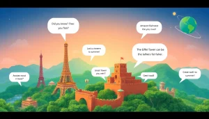 Gráfico colorido apresentando curiosidades sobre o mundo, com marcos globais e fatos interessantes, despertando curiosidade e exploração.