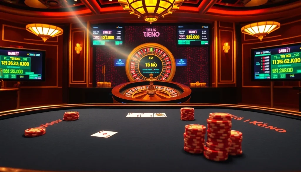 Tỷ lệ kèo showcased at a vibrant casino with players engaged in a high-stakes poker game.
