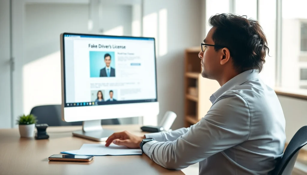 Image representing a cautious individual exploring online options for nep rijbewijs kopen in a modern office.