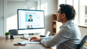 Image representing a cautious individual exploring online options for nep rijbewijs kopen in a modern office.