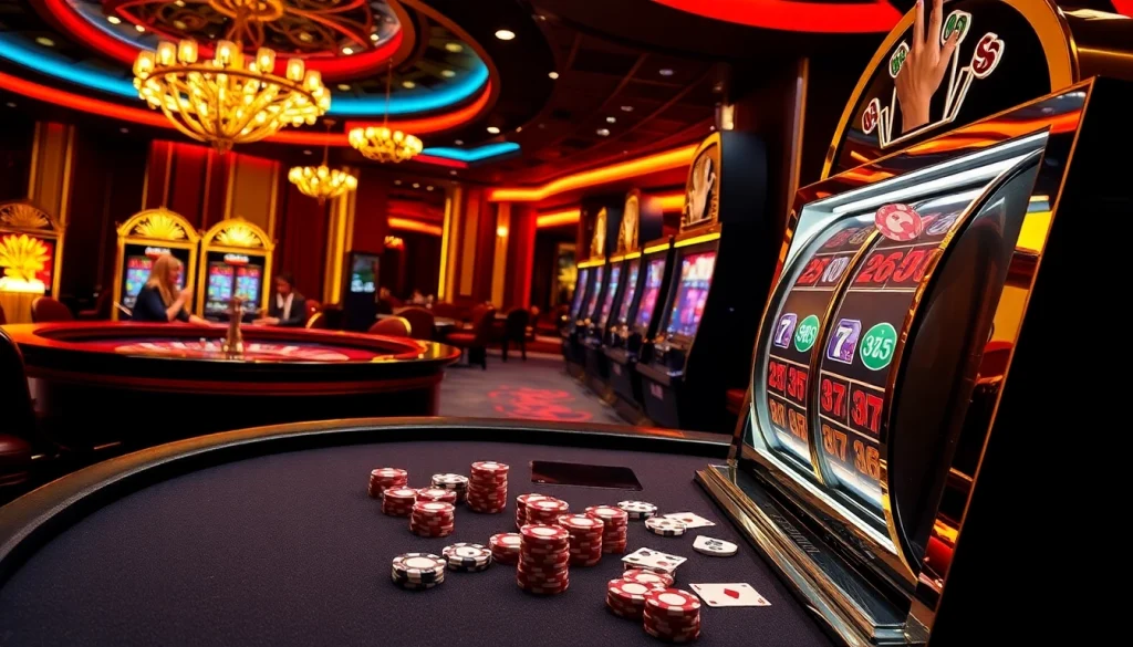 Excited players engaging with slot 365 machines at a lavish casino, showcasing luxury and thrill.