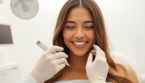 モダンなクリニックで、思いやりのある技術者と笑顔の患者を伴う女性の薄毛治療