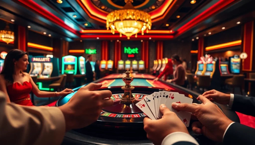 Players engage in thrilling roulette at hbbet, surrounded by vibrant slot machines and poker action.