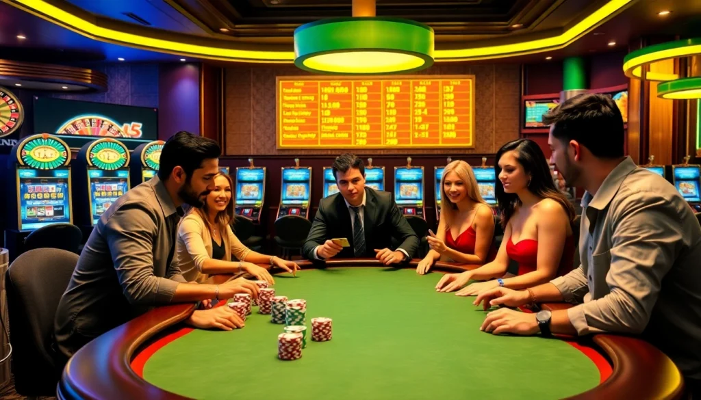 Poker players engaged in a thrilling game at a table, featuring the vibrant essence of 5z7776 com.