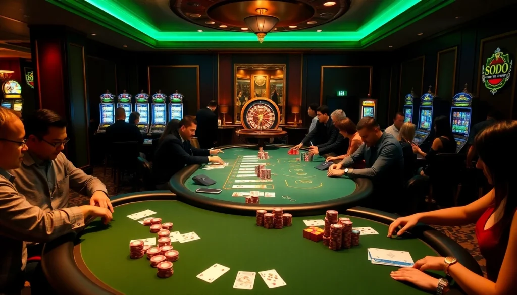 SODO Casino players enjoy high-stakes poker amidst vibrant tables and glowing slot machines.