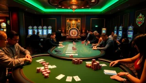 SODO Casino players enjoy high-stakes poker amidst vibrant tables and glowing slot machines.