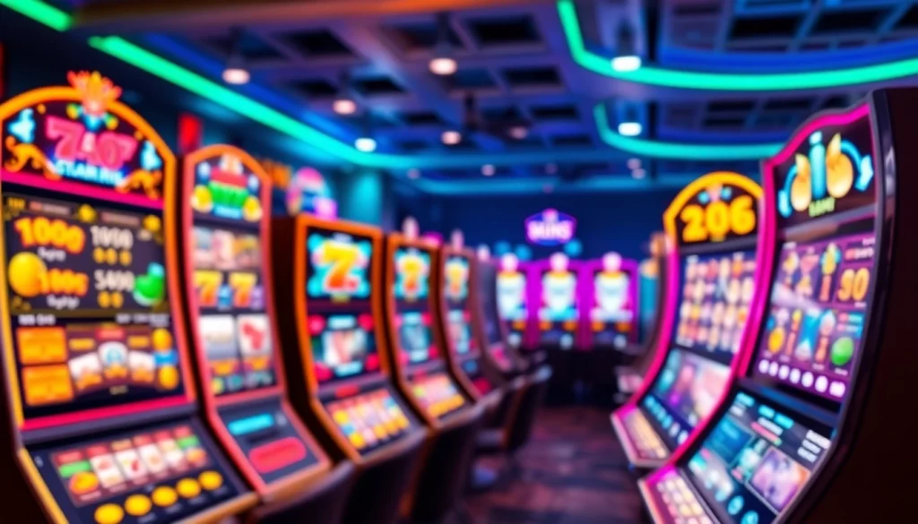 Permainan slot depo 1k yang menarik dengan grafik berwarna-warni di latar belakang kasino virtual.