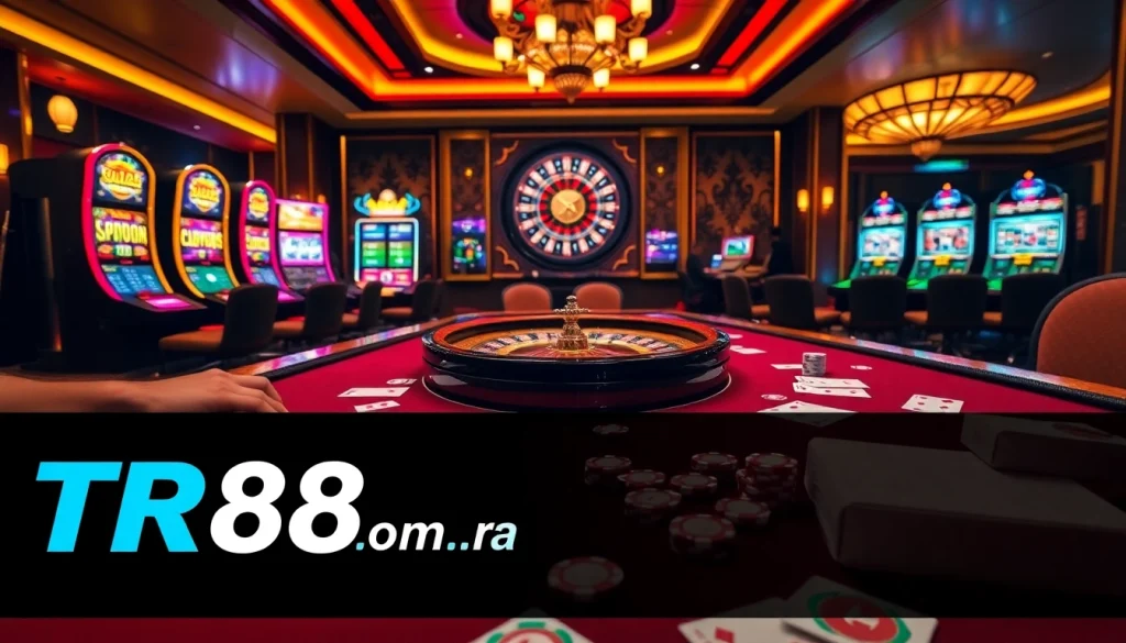 Players engaging at a poker table showcasing TR88.com chips and cards.