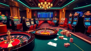 Experience thrilling gaming with link alternatif sbobet in a luxurious casino scene filled with roulette wheels and poker tables.