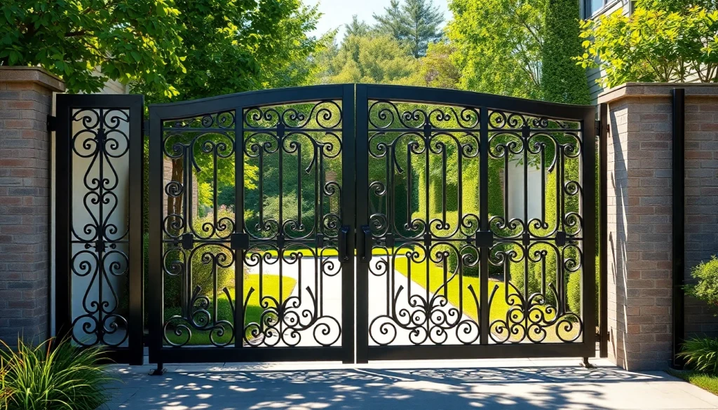 Custom steel gates elegantly framed by a garden, illustrating strength and style.