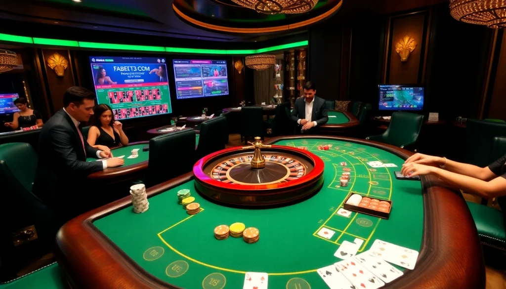 Experience the thrill of gambling at fabet3.com with a luxurious casino scene featuring poker tables and roulette.