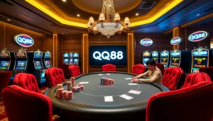 Excited players enjoying a QQ88 poker game at an elegant casino backdrop.