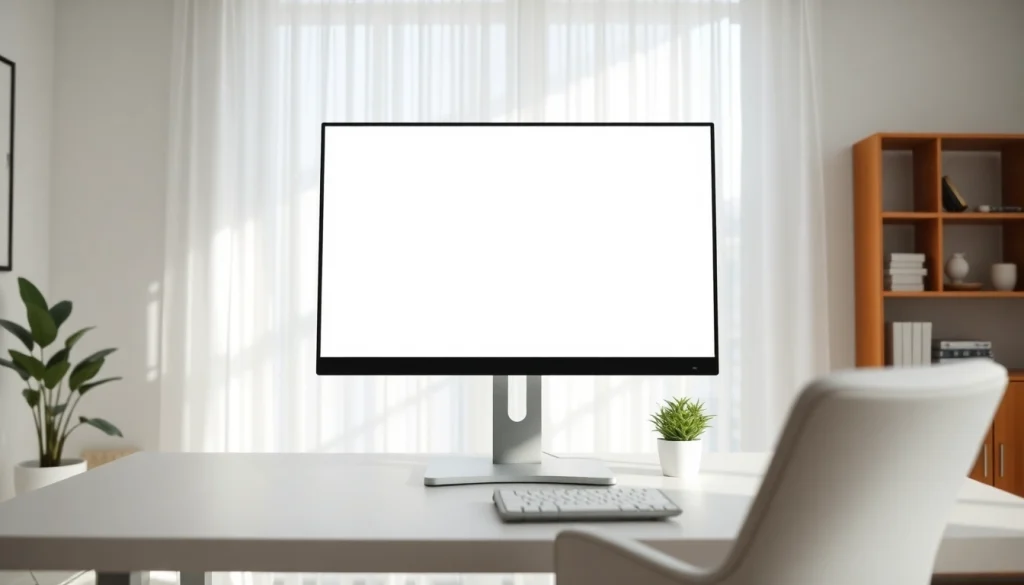 White background website displayed on a modern monitor in a bright home office setting