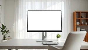 White background website displayed on a modern monitor in a bright home office setting