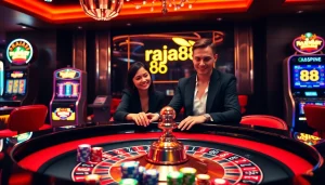 Experience raja 88 excitement at a luxury casino with vibrant roulette and poker tables.