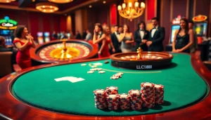 LC 88 themed poker players strategizing their bets at a luxurious casino table.