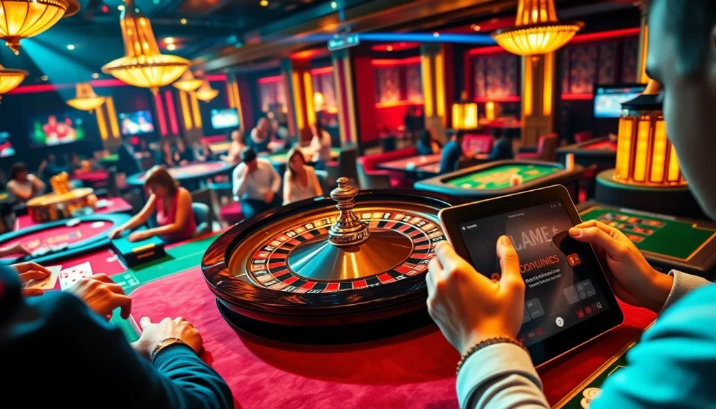 Engaging players experiencing game vmax excitement at a luxurious casino with roulette and poker elements.