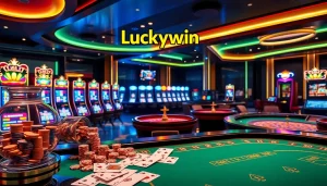 Experience the thrill of Luckywin casino with vibrant slot machines and cards on a polished table.