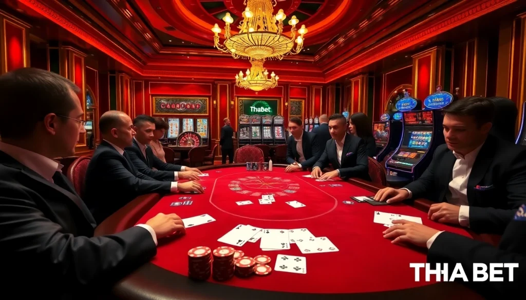 Players engaged in a high-stakes poker game at THA BET casino with colorful chips and cards.