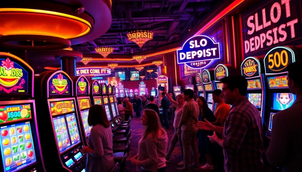 Pemain yang bersemangat merayakan kemenangan di mesin slot Deposit 1000 yang penuh warna di lingkungan kasino mewah.