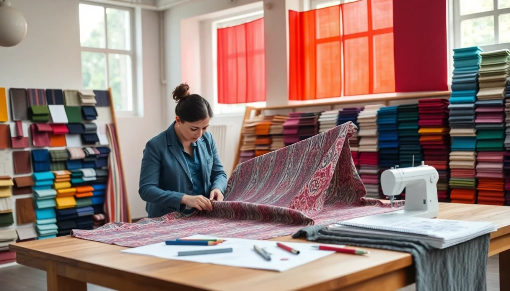 Punta di Roma-stofsample in een modeatelier met creatieve ontwerpen en kleuren.