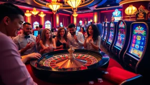 Players enjoying high-stakes games at Oxplay, with vibrant slot machines and poker chips.