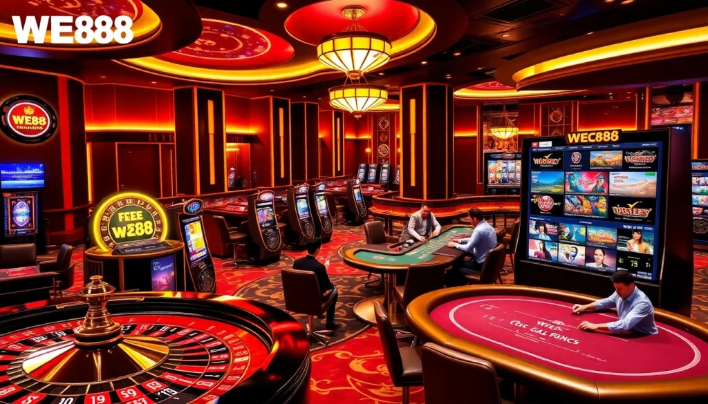 Players engaging in thrilling games at WE88 online casino, showcasing vibrant slot machines and roulette.