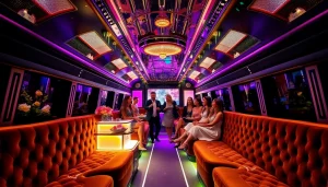 Luxury party bus for events featuring elegant interiors, vibrant mood, and friends celebrating.