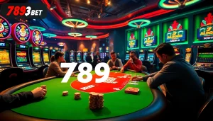 Exciting casino scene at 789bet with players at a poker table, vibrant slot machines, and live betting displays.