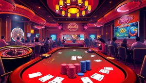 Engaging casino scene showcasing poker excitement at https://79king1.cn.com/ with players and vibrant roulette tables.