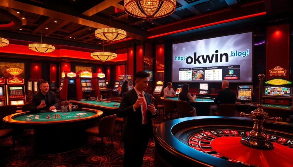 Experience thrilling gaming excitement at https://okwin.blog/ with a luxurious casino environment featuring tables, slots, and vibrant players.