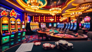 CM88 gaming scene with vibrant poker tables, slot machines, and betting slips creating excitement.