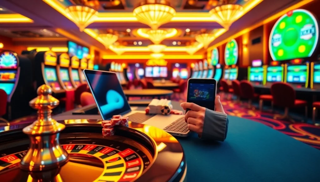 User engaging in sbobet login at an elegant casino setting with vibrant slot machines and poker tables.