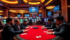 Engage in a thrilling game of poker in a luxury casino with apk jaya games featured on digital screens.