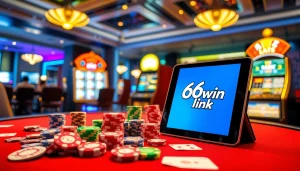 A vibrant casino scene highlighting the excitement of gambling at 68win link with colorful poker chips and a slot machine.