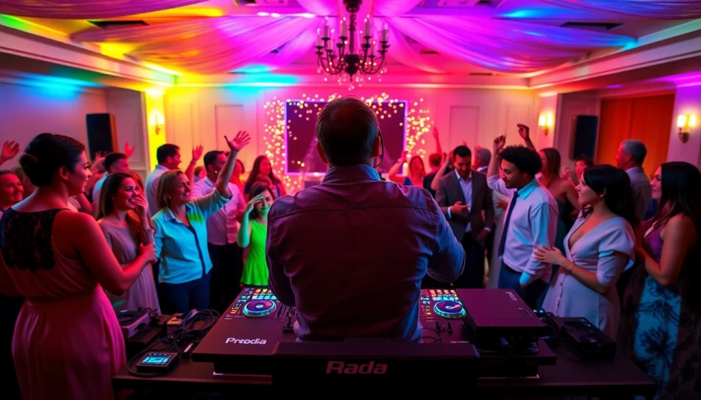 Wedding DJ hire Sydney: Vibrant DJ setup and happy guests dancing at a wedding reception.