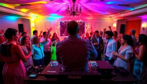 Wedding DJ hire Sydney: Vibrant DJ setup and happy guests dancing at a wedding reception.