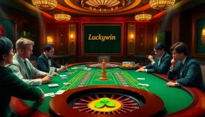 Players winning at Luckywin casino table with cards and chips in an elegant setting.